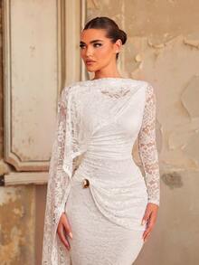 Aureia Elegant Romantic White Lace Long Sleeve Ruched Flounce Metallic Decor Fitted Mermaid Hem Patchwork With Train Evening Gown For Gala Single Party Date Ball Vacation Wedding Event - White - View 3