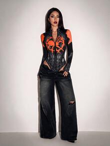 SHEIN ICON 萬聖節連身衣，黑色與紅色蜘蛛噴漆圖案，Cosplay服裝，女款假領前開襟秋冬長袖修身連身衣，休閒極簡日常百搭派對聚會機場穿搭 Y2K 上衣，音樂節穿搭，哥德風穿搭，畢業典禮，約會穿搭 - 彩色 - 查看 7