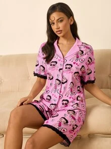 Betty Boop x SHEIN Women's Short Sleeve Contrast Lace Single-Breasted Top And Shorts Pajama Set - Pink - View 5