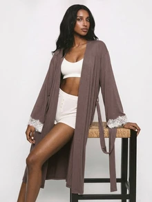 Livesso Women's Contrast Lace Cuff & Waist Tie Nightgown - Coffee Brown - View 5