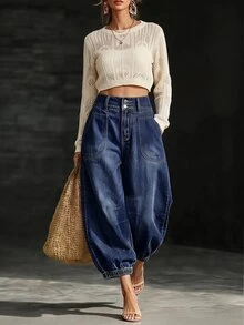 LUMIGAL High Waist Slant Pocket Jogger Jeans - Dark Wash - View 1
