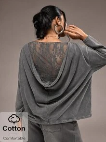 Freevana Blusa vintage de manga larga con cuello barco, lavado ácido negro, patchwork de encaje floral, espalda con capucha, talla grande, para otoño - Gris Oscuro - Ver 5