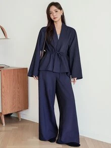 Dazy-Less Women's 2 Pieces Set: Blue Round Neck Long Sleeve Slim Fit Waist Top With High Waist Loose Wide Leg Pants, Autumn/Winter - Blue - View 1