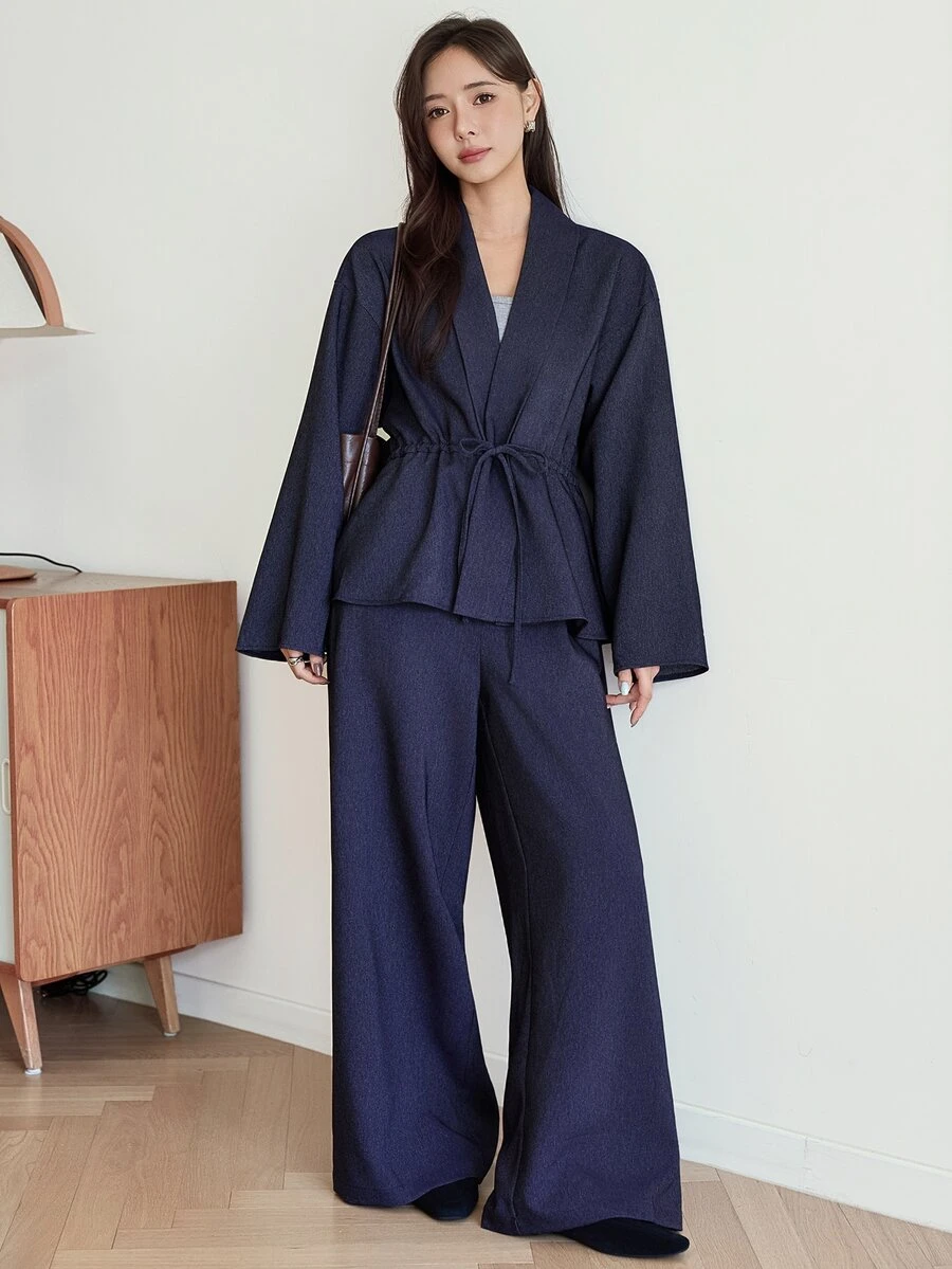 Dazy-Less Women's 2 Pieces Set: Blue Round Neck Long Sleeve Slim Fit Waist Top With High Waist Loose Wide Leg Pants, Autumn/Winter - Blue - View 1
