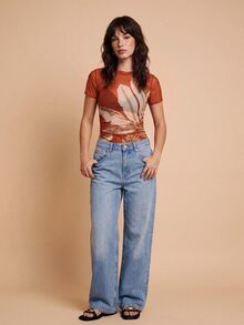 CAJUNI 時尚度假風金色棕櫚樹刺繡網紗上衣 - 鏽棕色 - 查看 3
