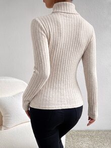SHEIN Frenchy 長袖高領紋理布料T恤 秋季休閒極簡辦公風 - 杏色 - 查看 2