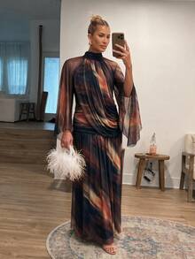 Lumalex Soft Comfortable Mesh High Neck Flowy Long Sleeve Pleated Draped Bodycon Dress With Large Hem For Women - Multicolor - View 5