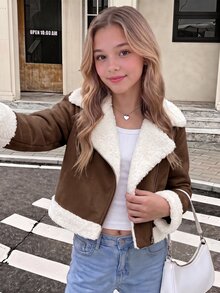 SHEIN 青少年女孩秋冬休閒街頭風酷感機車夾克，翻領拉鍊設計，麂皮抓絨複合加厚材質，附口袋，適合返校與日常穿著 - 棕色 - 查看 3
