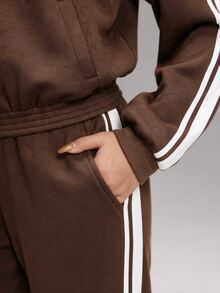 SHEIN BASICS Plus Size Frog Button Long Sleeve Jacket And Striped Pants With Pockets 2 Pieces Set - Brown - View 7
