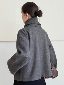 Dazy-Less Women's Winter Grey Lapel Long Sleeve Double-Breasted Solid Color Loose Casual Versatile Overcoat - Grey - View 2