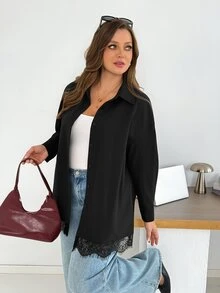 Shapeblank Women's Plus-Size Long-Sleeve Button-Down Shirt – Black, Loose & Comfortable, Featuring Lace-Trim Detailing – Stylish Casual Wear For Spring & Autumn - Black - View 1