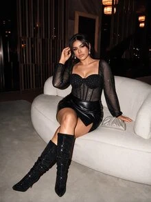 Firerie Plus Size Sexy Rhinestone Fishbone Bodysuit - Black - View 4