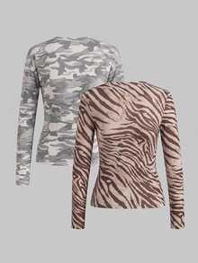 SHEIN EZwear 2件組女款斑馬紋與迷彩圓領長袖休閒T恤 - 彩色 - 查看 2