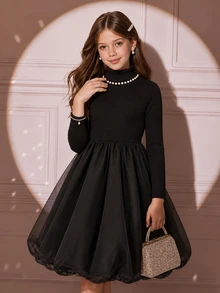 SHEIN 青少年女孩簡約串珠優雅燈籠下擺洋裝，秋冬日常穿著，適合四季 - 黑色 - 查看 1