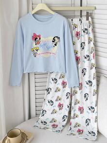 THE POWERPUFF GIRLS X SHEIN Set Piyama Rumahan Anak Perempuan Remaja Lucu Manis Minimalis Motif Kartun Warna-warni Leher Bulat Lengan Panjang Berkerut Celana Panjang Lembut Nyaman 2 Potong - MultiWarna - View 1