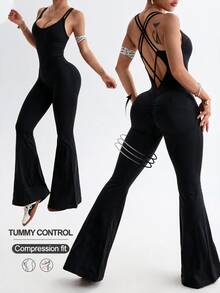 Slayform Women's Solid Color Criss-Cross Back Spaghetti Strap Flare Leg Jumpsuit - Black - View 8