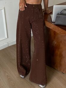 DAZY Women's Loose Wide Leg Casual Denim Jeans With Pockets And Rhinestone Embellishment - Brown - View 2