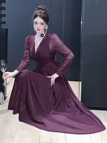 DAZY Women's Solid Color V-Neck Long Sleeve Elegant Dress - Purple - View 7
