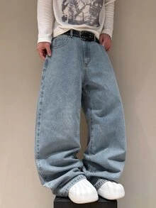 STEELVANCE 男士復古街頭風時尚百搭做舊鉚釘設計自由女神字母印花寬鬆寬腿休閒牛仔褲 - 藍色 - 查看 6