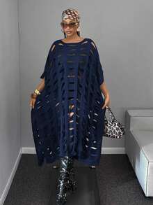 Mawevolt Plus Size Women's Sweater Dress, Half-Sleeved, Solid Black Color, Cutout Winter Fall Autumn - Navy Blue - View 1