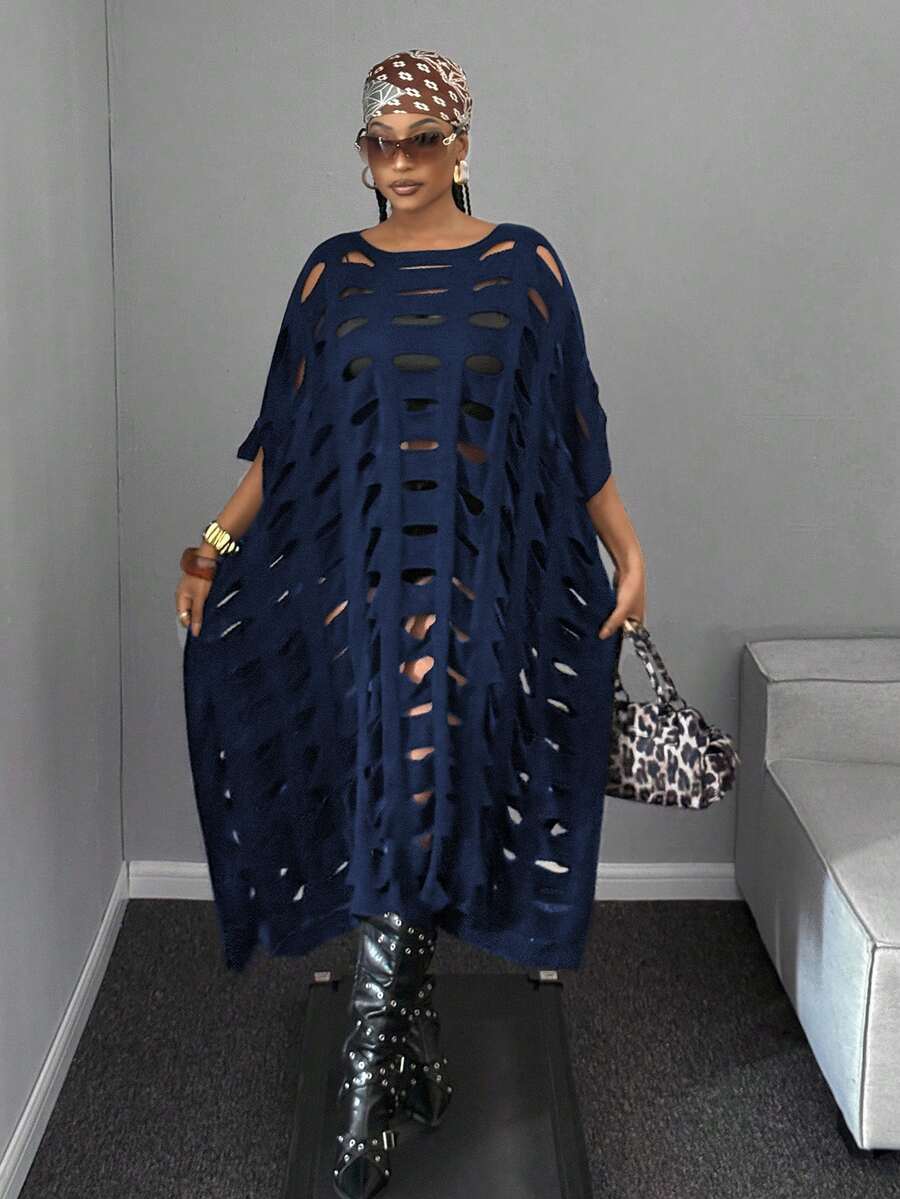 Mawevolt Plus Size Women's Sweater Dress, Half-Sleeved, Solid Black Color, Cutout Winter Fall Autumn - Navy Blue - View 1