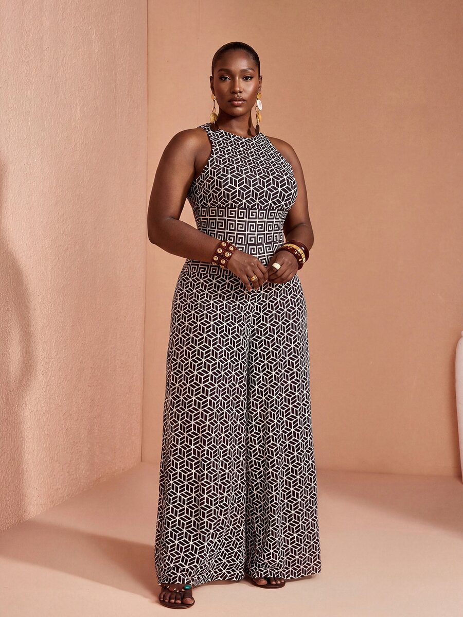 JIAN LASALA All-Over Print Mesh Sleeveless Wide-Leg Women Plus Size Jumpsuits Summer Vacation Boho Elegant Beach - Multicolor - View 1