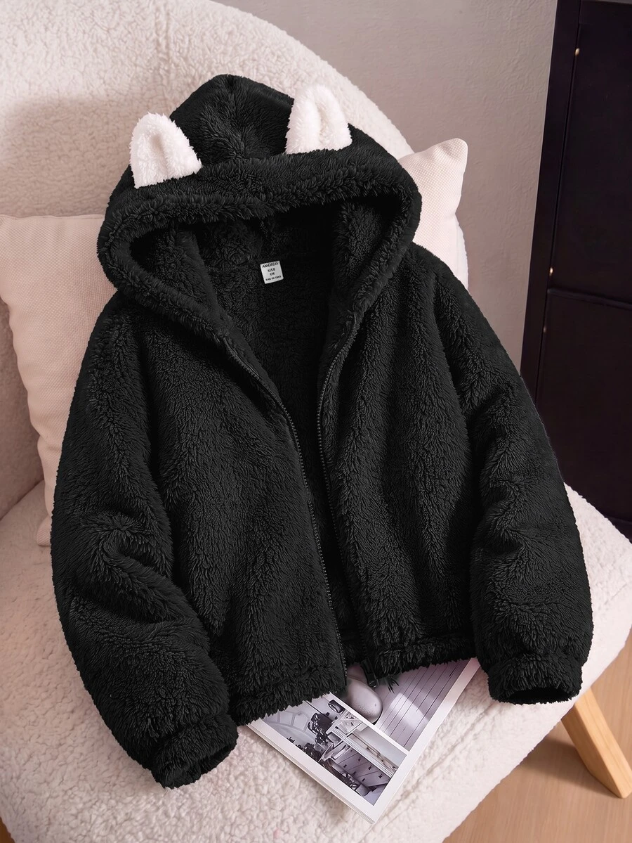 SHEIN Tween女孩秋冬保暖加厚珊瑚絨雙面保暖外套，可愛卡通貓耳設計兒童夾克外套 - 黑色 - 查看 1