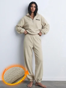 DAZY Women's Letter Pattern Long Sleeve Thermal Lined Sweatshirt And Pants Casual Pajama Set - Khaki - View 4