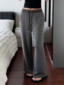 DAZY Women's Drawstring Waist Striped Loose Lounge Pants - Grey - View 6