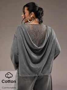 Freevana Blusa vintage de manga larga con cuello barco, lavado ácido negro, patchwork de encaje floral, espalda con capucha, talla grande, para otoño - Gris Oscuro - Ver 2