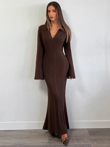 Aloruh Women Sweater Dresses,Autumn,Winter - Brown - View 6