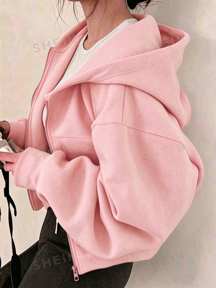 SHEIN 秋冬女款連帽拉鍊外套-街頭風混搭衛衣,長袖抓絨,保暖針織面料,適合秋冬穿著 - 粉色 - 查看 1