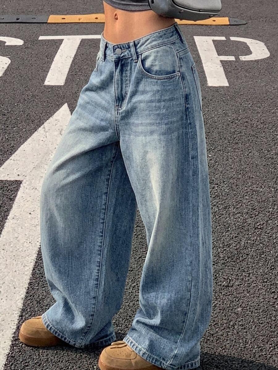 DAZY 復古寬鬆街頭風水洗做舊直筒女款牛仔褲 - 淺色水洗藍 - 查看 1