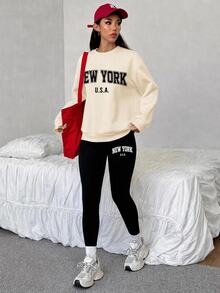 SHEIN EZwear 寬鬆圓領運動衫與緊身內搭褲2件套，紐約英文印花圖案 - 杏色 - 查看 5