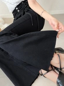 FRIFUL Women's Sexy Button Lace-Up Flared Jeans - Black - View 8