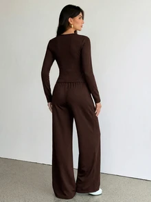 SHEIN Tall 女款秋季休閒長袖上衣與長褲兩件套 - 棕色 - 查看 2