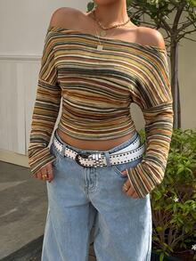 Muchica Women's Striped Off-Shoulder Casual Daily Long Sleeve T-Shirt - Multicolor - View 3
