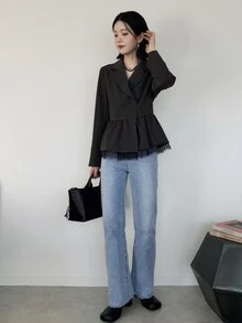 FRIFUL Women's Lace Patchwork Tie Design Casual Commute Blazer - Grey - View 7