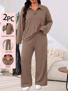 Solflare Autumn And Winter Plus Size Brown Striped T-Shirt Long Sleeve + Striped Loose Pants Home Leisure Two Pieces Set - Mocha Brown - View 1