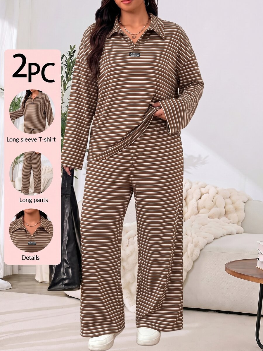 Solflare Autumn And Winter Plus Size Brown Striped T-Shirt Long Sleeve + Striped Loose Pants Home Leisure Two Pieces Set - Mocha Brown - View 1
