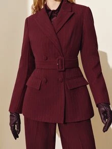 MOTF PREMIUM WOMEN'S STRIPED WOOL BLEND BELTED BLAZER JACKET, AUTUMN/WINTER - Burgundy - View 2