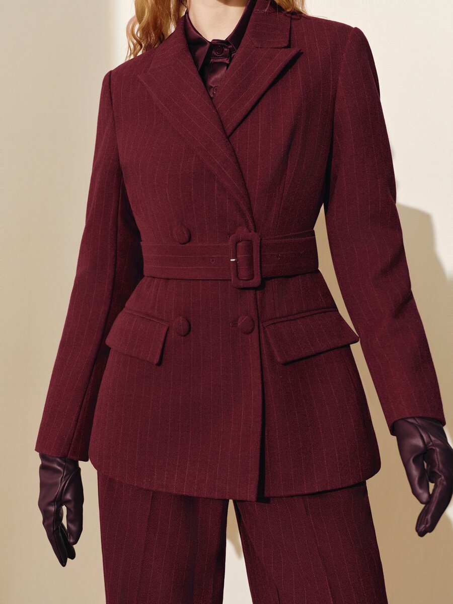 MOTF PREMIUM WOMEN'S STRIPED WOOL BLEND BELTED BLAZER JACKET, AUTUMN/WINTER - Burgundy - View 2