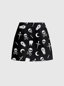 ROMWE Grunge Punk Chân váy mini xẻ tà gợi cảm cho nữ, họa tiết đầu lâu kinh dị rừng tối bí ẩn - màu đen - Xem 2
