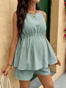 Lyckli 2pcs Maternity Striped Ruched Camisole Top And Adjustable Waist Shorts Set, Casual Daily Wear - Green - View 3