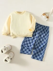 SHEIN 中性嬰兒男/女童 2件組秋冬保暖內裡加厚可愛鵝圖案運動衫套裝，男嬰冬季套裝，運動服，街頭風 - 霧霾藍 - 查看 2