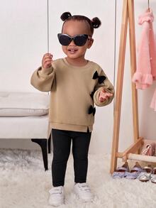 SHEIN Bubblio 時尚女嬰黑色仿皮質感長褲，適合日常穿著 - 黑色 - 查看 2