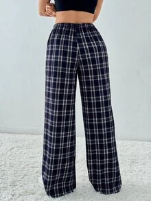 SHEIN Tall 格紋印花抽繩腰帶斜口袋寬鬆休閒學院風寬腿長褲，高個女性校園海軍藍秋季款 - 藏蓝色 - 查看 2