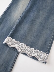 GlowEve Women's Fashion Button Lace Patchwork Denim Jeans - Blue - View 8