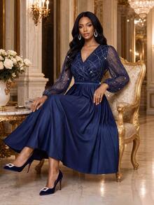 Fleurora Women's Elegant Sequin Satin V-Neck Dress - Navy Blue - View 1