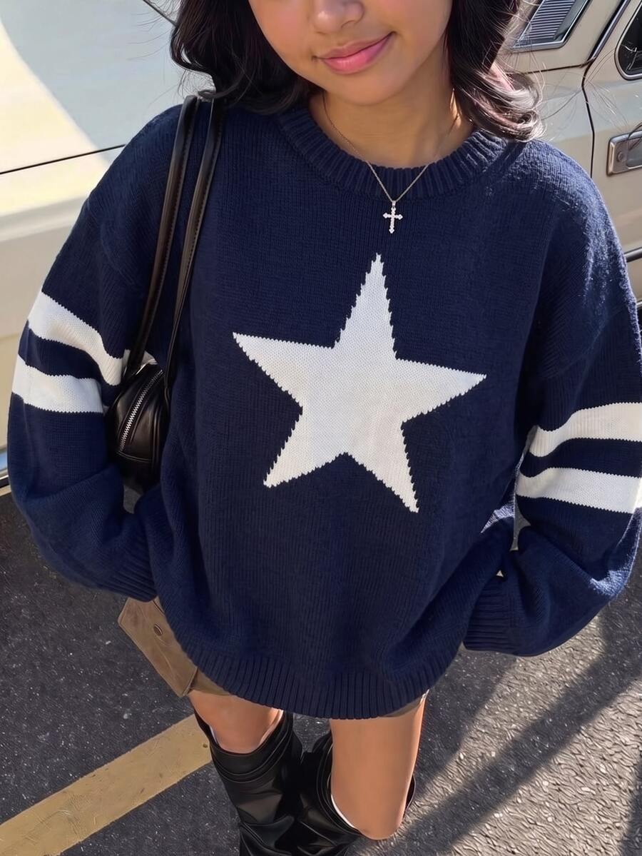 SHEIN Tween Girl Fall Tops Kids Blue Navy Star Jacquard Crew Neck Pullover Sweater Stripe , Drop Shoulder Long Sleeve Sweaters Winter Cozy Casual Ribbed - Navy Blue - View 1